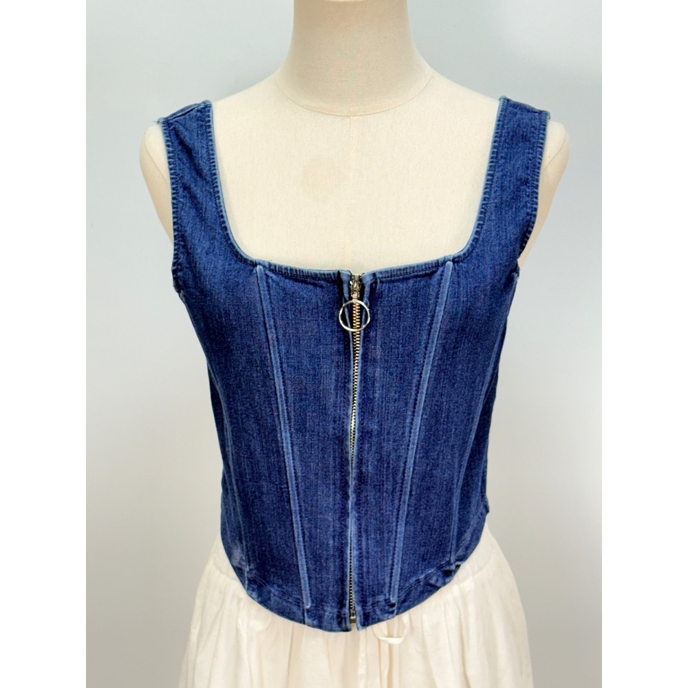 Story On Medium Wash Denim Corset Top Zip Front Square Neck Medium